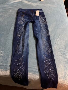Embellished Dark Blue Stretch Leggings with Crystal Accents